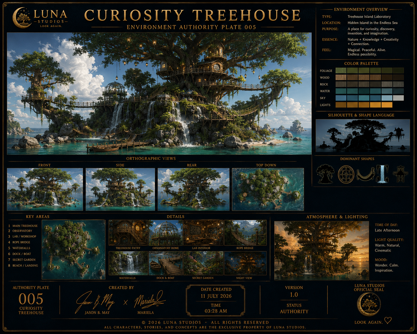 Illustration of a large, fantastical treehouse built on a massive tree on a tropical island, with multiple levels connected by bridges, waterfalls flowing around the base, and surrounding water with boats docked nearby.