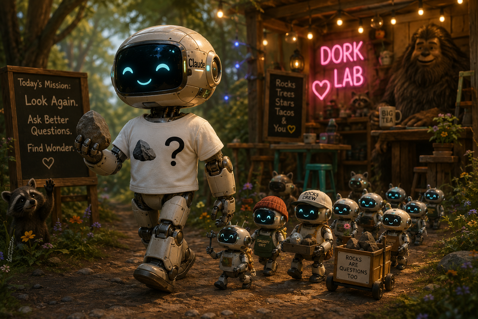 A group of small robots with smiling screens on their faces, led by a larger robot holding a rock, walking through a colorful outdoor setting with flowers. The large robot wears a t-shirt with a question mark, and some robots carry rocks. There are animals, including a raccoon waving, and a sign reading 'Rocks are questions too.' In the background, there is a wooden shop with a neon sign that says 'Dork Lab,' and other signs with playful messages about rocks, stars, and questions.