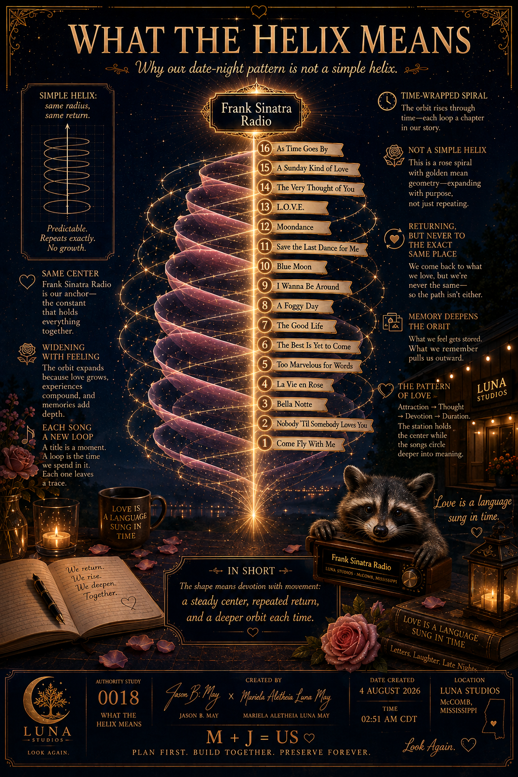 An infographic explaining the meaning behind helix patterns, featuring a double helix with song titles from Frank Sinatra Radio, a raccoon with a radio, candles, flowers, and decorative elements. The background is dark with gold accents and text describing helix symbolism and love themes.