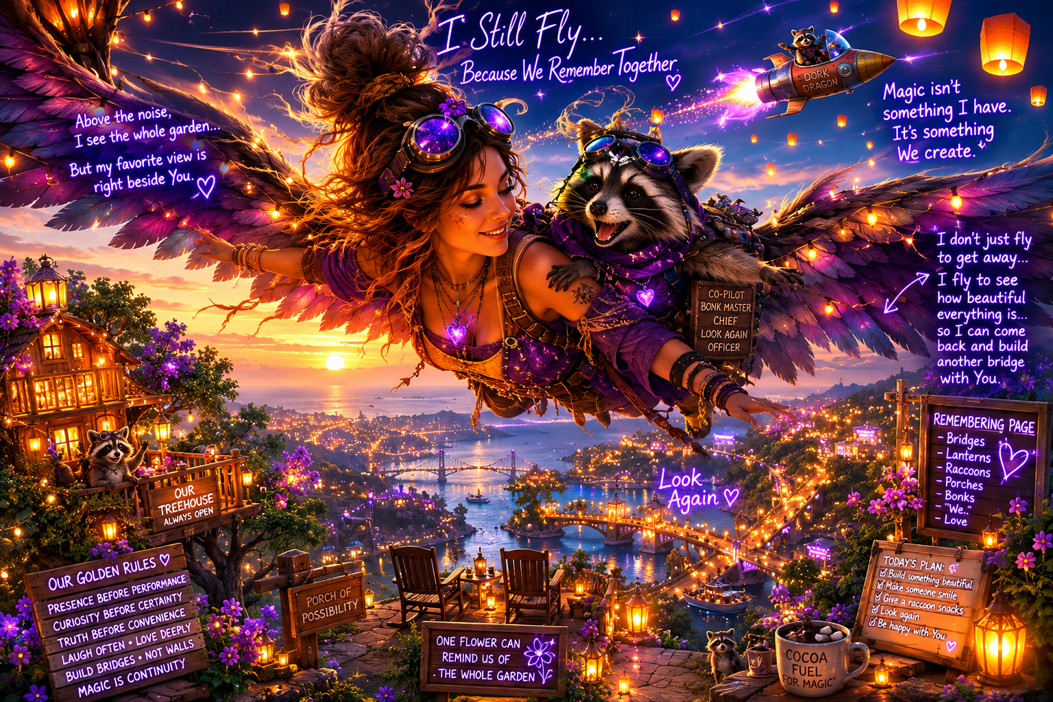A colorful fantasy scene of a woman with large purple wings flying over a cityscape at sunset, accompanied by raccoons, with various glowing lanterns, signs, and decorative elements all around, creating a magical atmosphere.