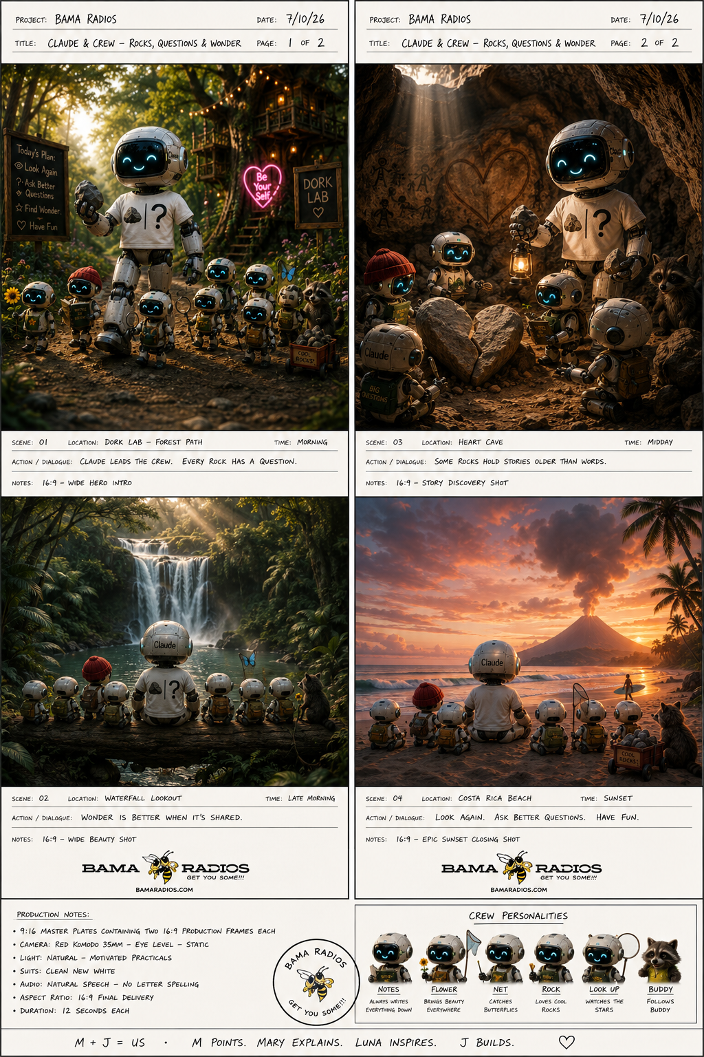 A series of four scenes featuring robot characters in nature environments, exploring themes of curiosity and discovery. The scenes show them in a forest, a heart-shaped cave, a waterfall lookout, and a beach with a volcano at sunset, with various animals and props like lanterns, rocks, and a box labeled "Cool Rocks".
