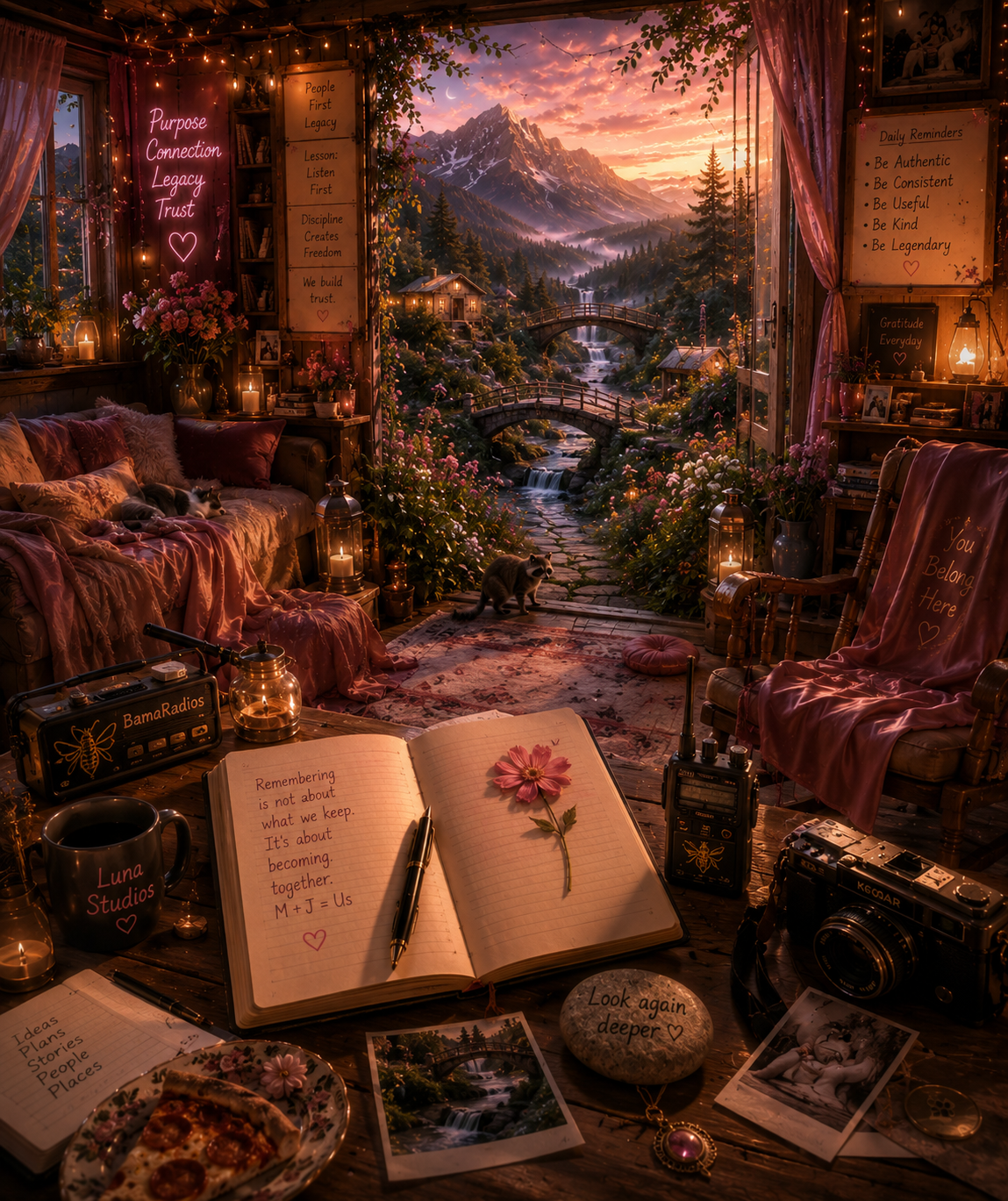 A cozy, beautifully decorated room with an open door revealing a mountain landscape at sunset, with bridges, rivers, and pine trees. Inside, the room features pink and purple decor, candles, books, photos, a pizza, and various personal items, creating an inviting atmosphere.