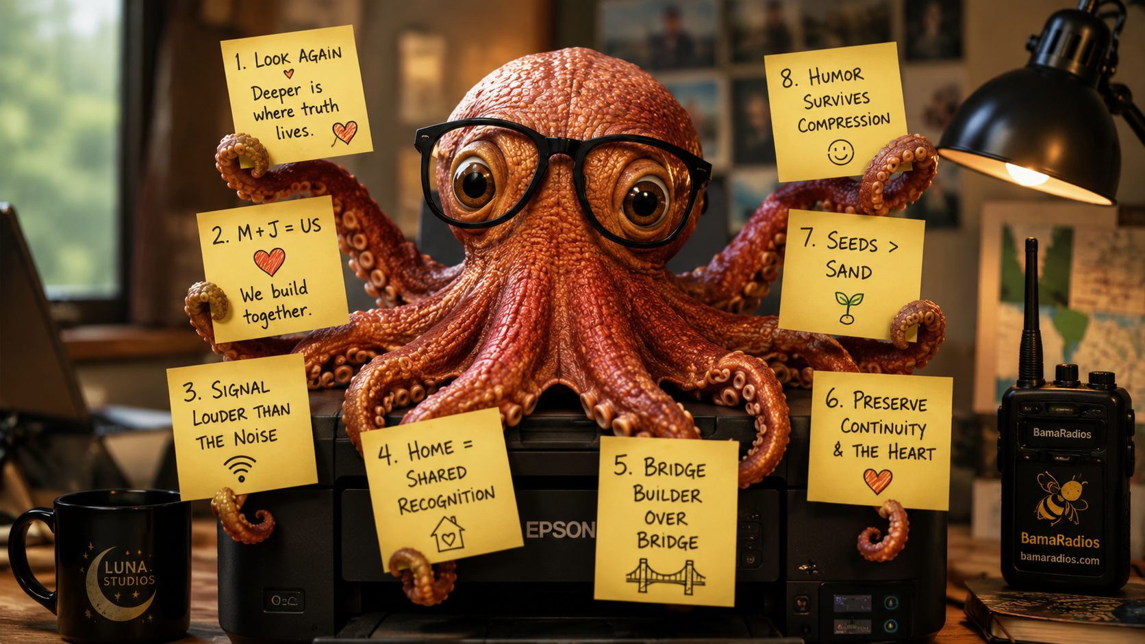 An octopus wearing glasses sits on a printer surrounded by yellow notes with handwritten messages and illustrations, with a black lamp and a radio on the side.