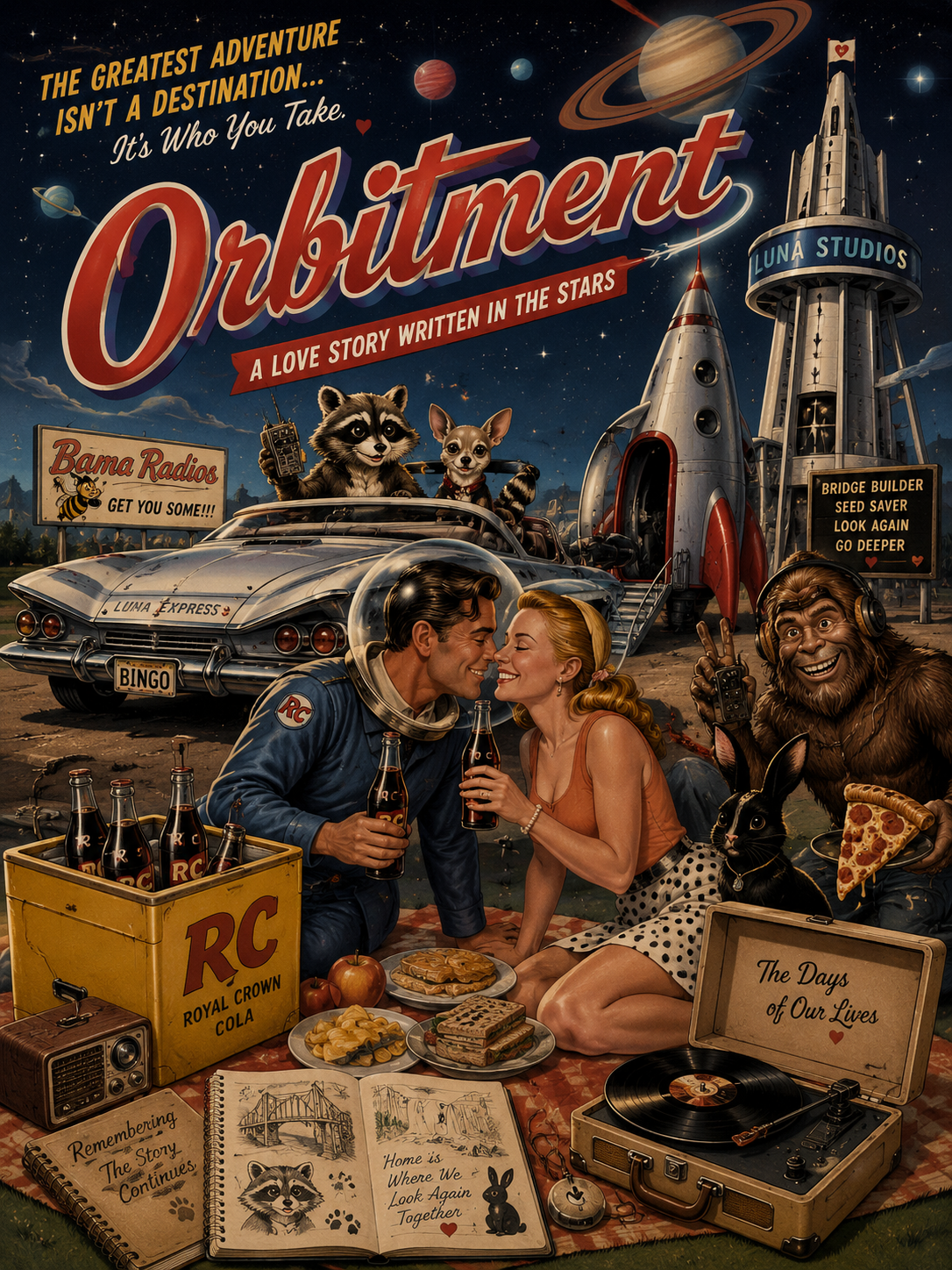 A colorful poster titled 'Orbitment: A Love Story Written in the Stars' features cartoon animals, a spaceship, a vintage car, and a couple having a picnic with drinks, pizza, and books, all set in a space-themed background.