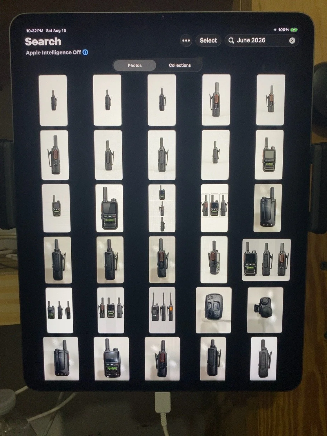 A digital screen displaying various images of walkie-talkies in a grid layout, with search and filtering options, and the label 'June 2026' at the top right corner.