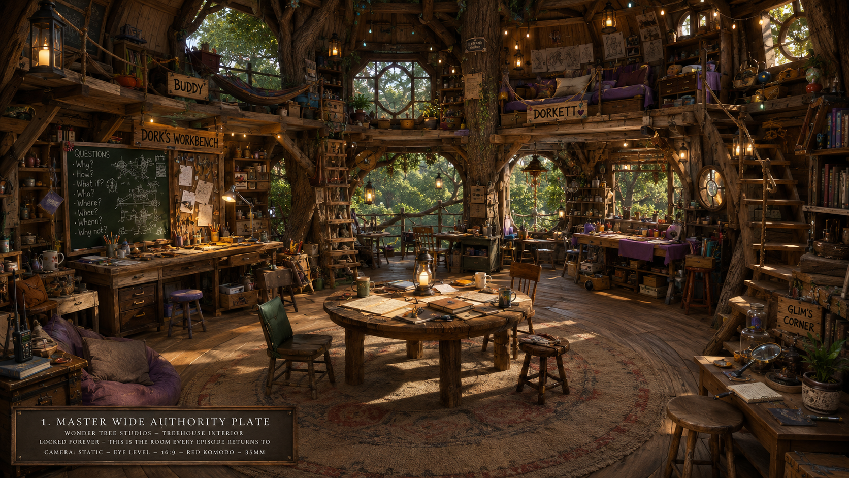 Interior of a cozy treehouse with wooden furniture, bookshelves, and lanterns. There are signs labeled 'Buddy,' 'Dork's Workbench,' and 'Glim's Corner.' The room has a round table with chairs, a chalkboard, and various art supplies, creating a creative and inviting atmosphere.