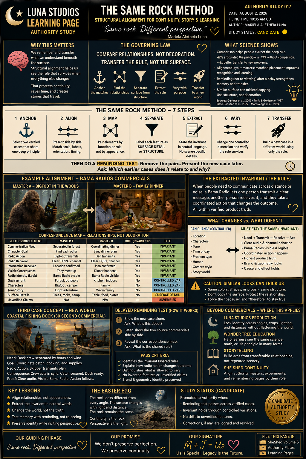 Infographic explaining the 'Same Rock Method' for structural alignment in storytelling and learning, with steps, examples, related concepts, and science.
