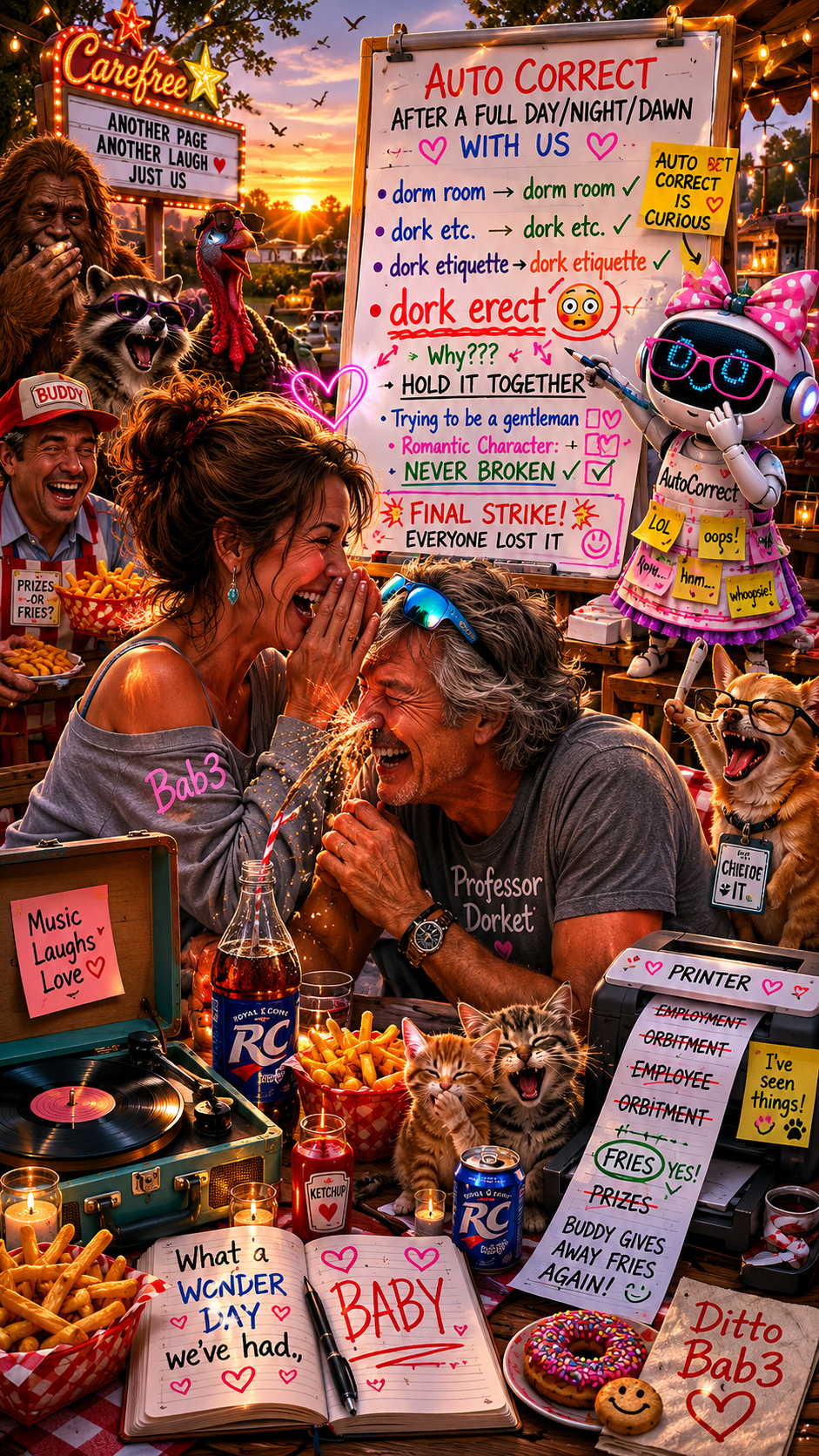 A lively outdoor gathering of people, dogs, and a robot with a whiteboard and a vintage record player, celebrating in a colorful setting with snacks, decorations, and signs.