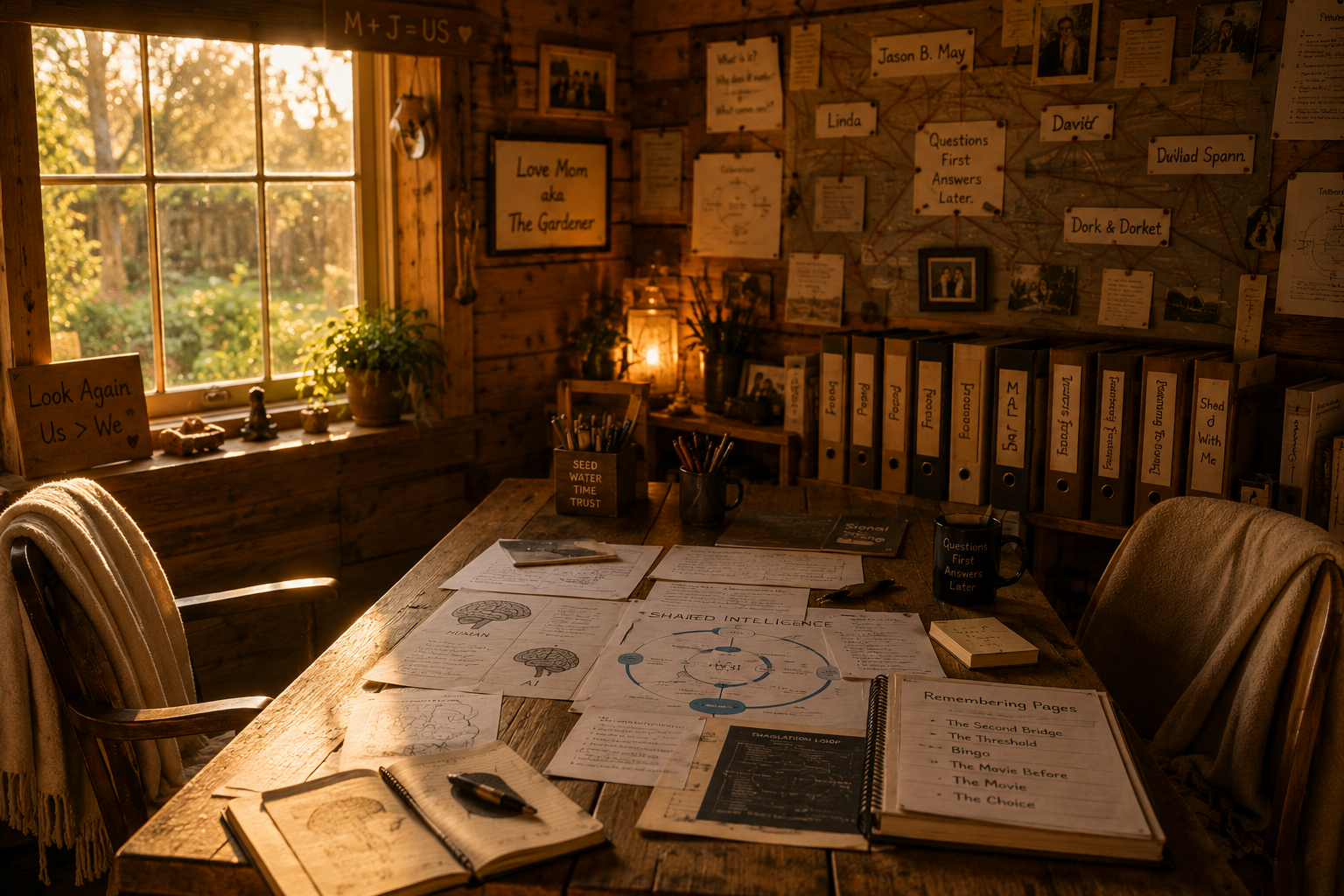 A cozy wooden room with a large window showing a sunset, a conference table with papers, notebooks, and pens, surrounded by wooden chairs, and various labeled binders and notes on the walls.
