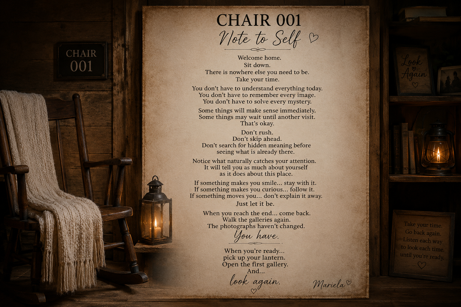 A handwritten motivational poem titled 'Chair 001' is displayed on a large parchment paper on a wooden wall in a cozy room with warm lighting. To the left, there is a wooden rocking chair with a knitted blanket draped over it and a lantern with a lit candle on a small table. To the right, a bookshelf with framed photos and a lantern is visible.