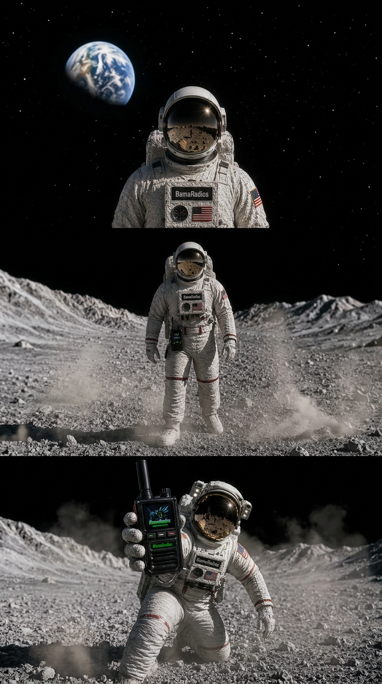 An astronaut on the moon surface holding a walkie-talkie with the Earth in the background.