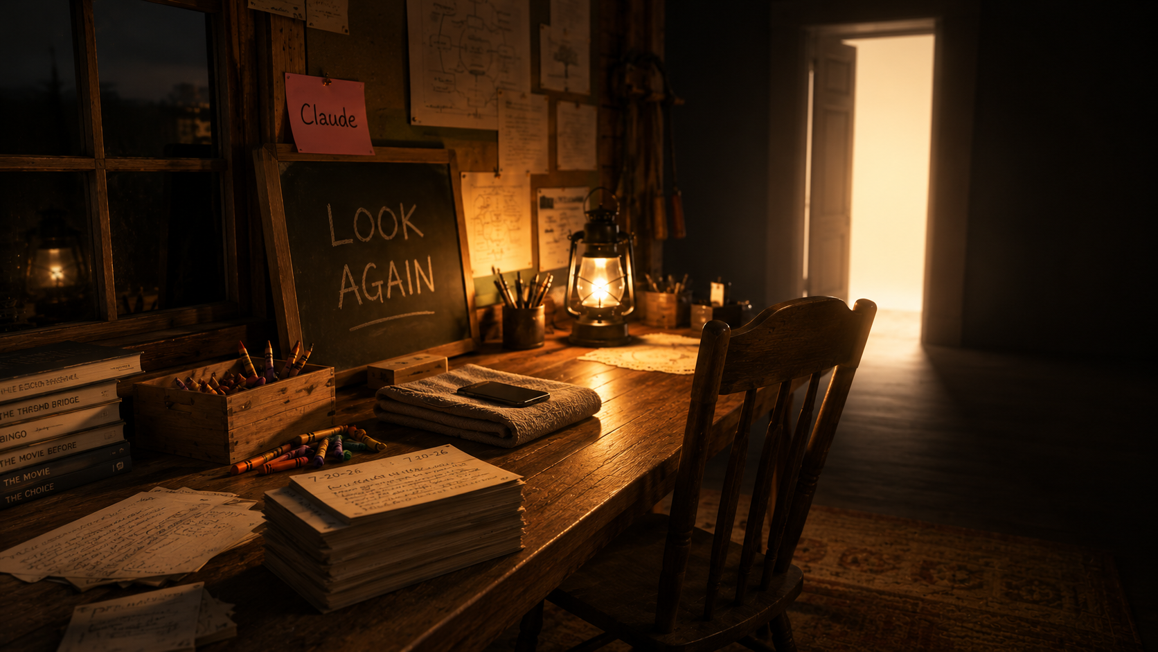 A cozy wooden study desk illuminated by a lantern, with books, crumpled notes, a smartphone, and a chalkboard sign that reads "LOOK AGAIN." The desk is near an open door letting in warm sunlight.