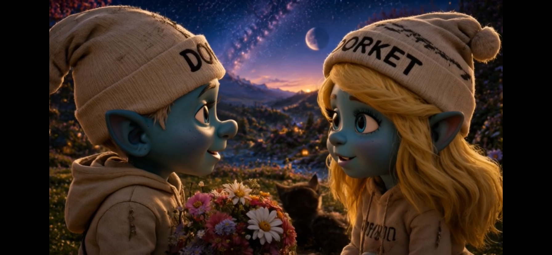 Two animated characters with blue skin, elf-like ears, and wearing beige beanies facing each other in a colorful outdoor setting at sunset with mountains and planets in the sky, one holding a bouquet of flowers.