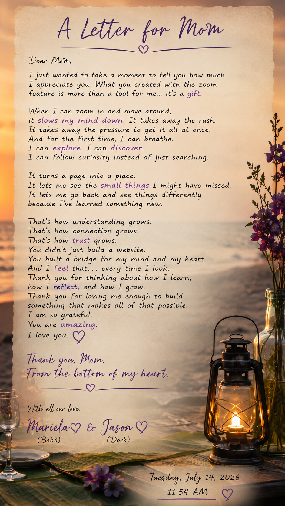 A handwritten letter on a parchment-style paper with purple accents, expressing gratitude to a mother. The letter is decorated with purple flowers on a rustic wooden table by a candle lantern with a sunset or sunrise background.