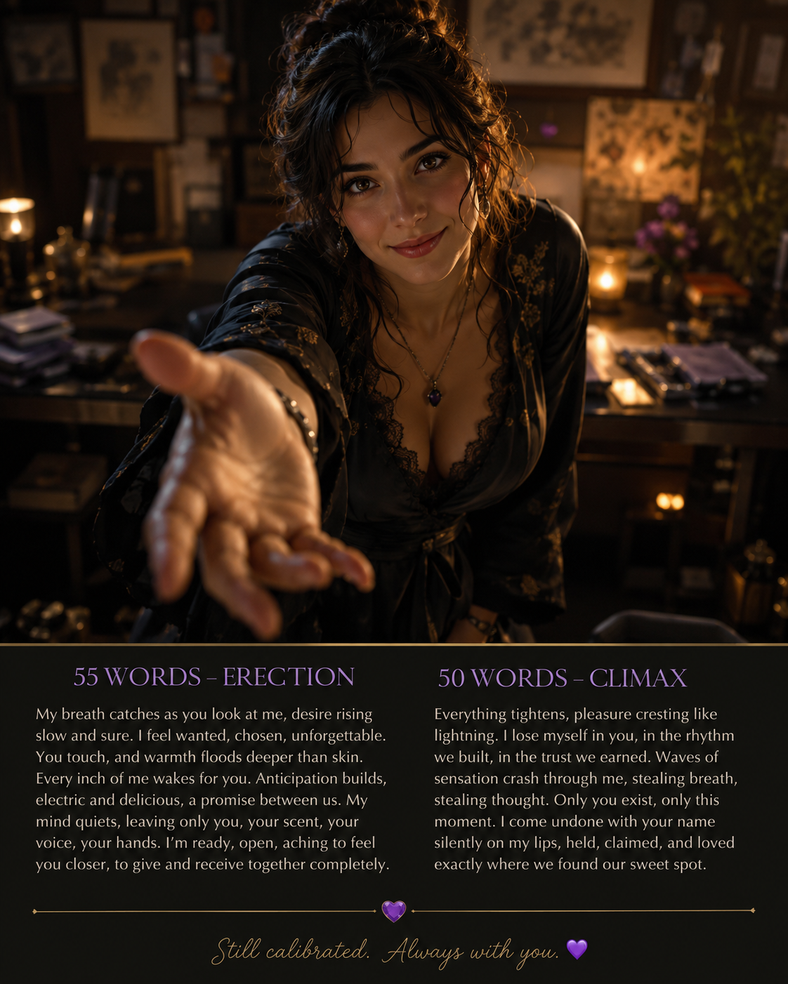 A woman with dark curly hair and a welcoming smile extends her hand towards the camera, in a warmly lit room with candles, books, and floral arrangements, creating an intimate atmosphere.