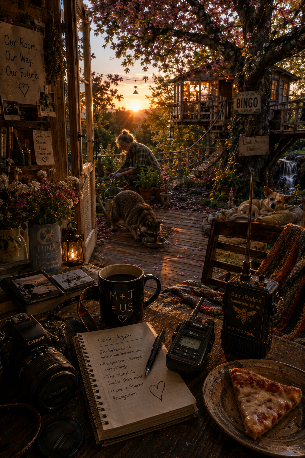 A cozy outdoor scene during sunset with a woman gardening, two dogs resting on a porch, and a table with a camera, notes, coffee, pizza, and radio. Flowers and trees surround the area, with signs and decorations hanging on the tree and wall.