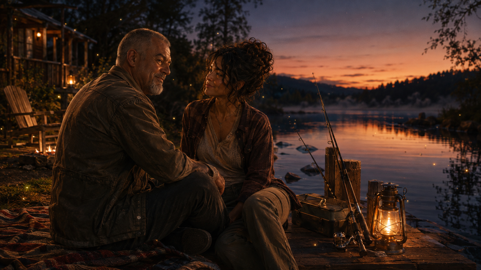 A man and woman sitting by a lake at sunset, sharing an intimate moment with fishing gear and lanterns around them.
