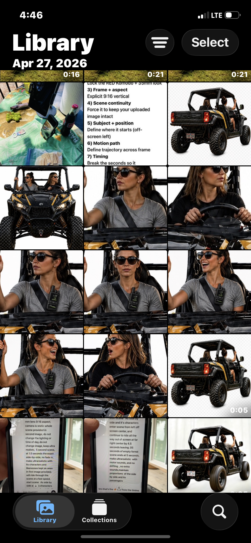 Screenshots of a woman driving an off-road vehicle, wearing sunglasses and a gray t-shirt, with some images of a different vehicle and notes about video recording parameters.