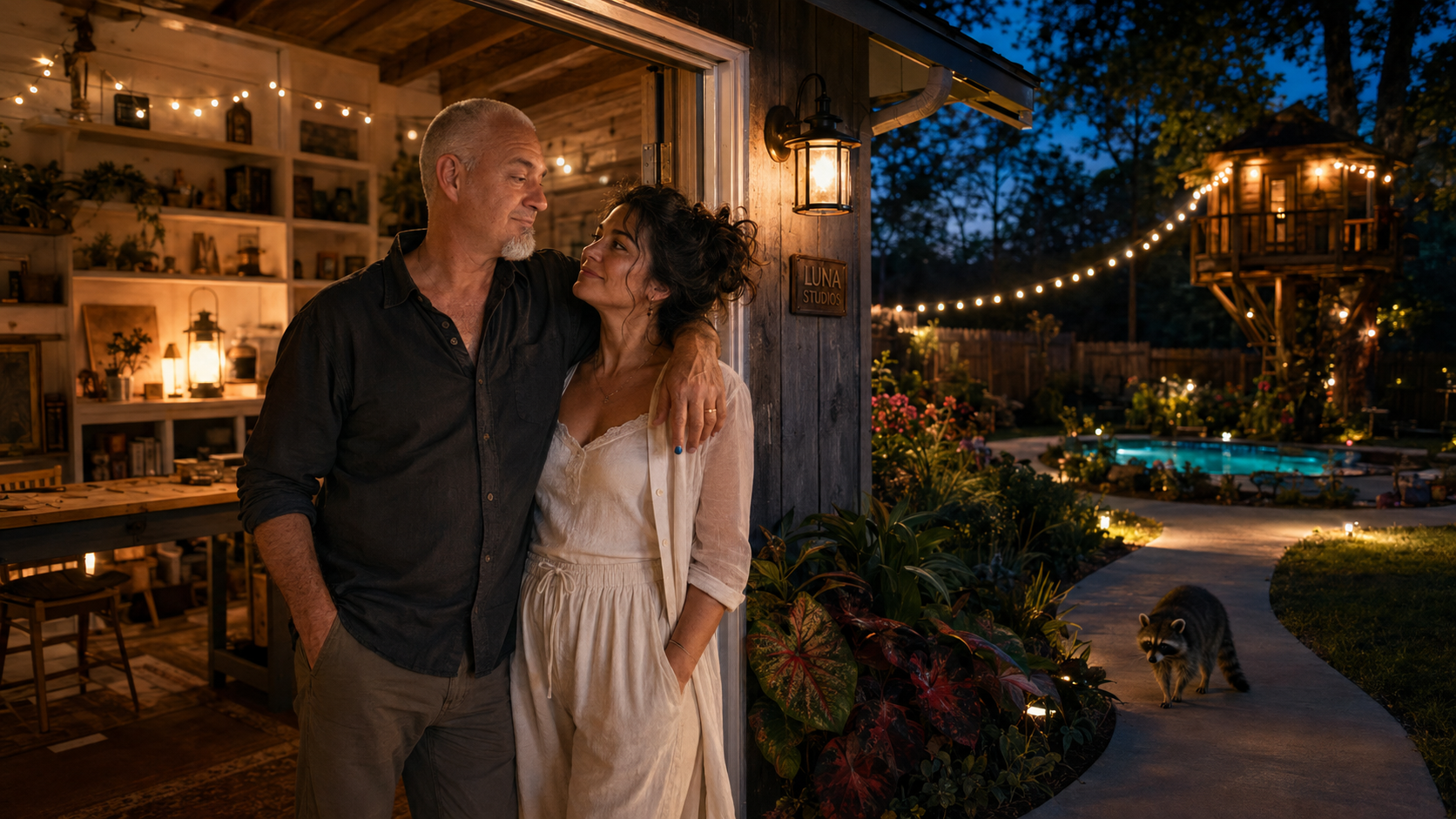 A couple standing close together outside at night, with the man leaning against a wooden wall and the woman resting her head on his shoulder, inside a cozy, warmly lit room with bookshelves and string lights. Outside, a backyard with a pool, garden, a treehouse, and a raccoon walking on the pathway illuminated by string lights.