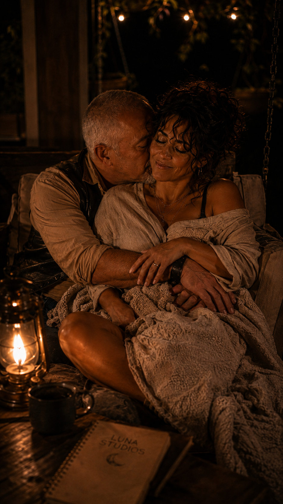 A man and woman sharing an intimate moment indoors at night, sitting on a swing with warm lighting, a lantern, a coffee mug, and a notebook on a table nearby.