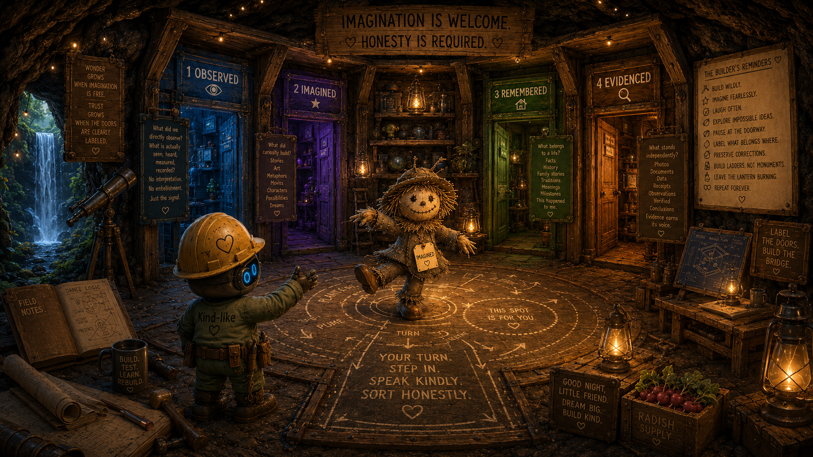 A whimsical scene inside a cozy, rustic underground space decorated with warm lighting and various signs with messages about imagination, observation, remembrance, evidence, and building. A scarecrow-like figure with a hat and a doll-like face stands in the center, surrounded by a chalk-drawn wheel with instructions to step in kindly and speak honestly. A young robot or child with a hard hat and a sweatshirt that says 'Kind-like' faces the figure, reaching out. The background includes shelves with globes and lanterns, a small waterfall in the distance, and numerous notes and signs encouraging creativity and exploration.