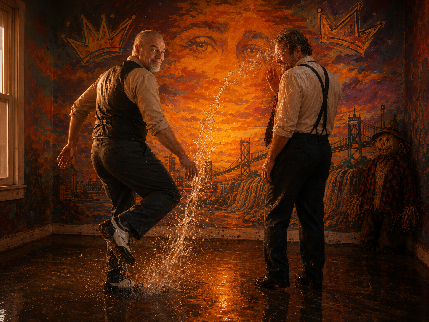 Two men are dancing in a party scene with a bright orange sunset mural of the San Francisco skyline and Golden Gate Bridge on the wall behind them. One man in a vest and casual clothes is jumping and splashing water, while the other man in a shirt and suspenders is smiling and clapping. There is a scarecrow decoration with a pumpkin head in the corner.