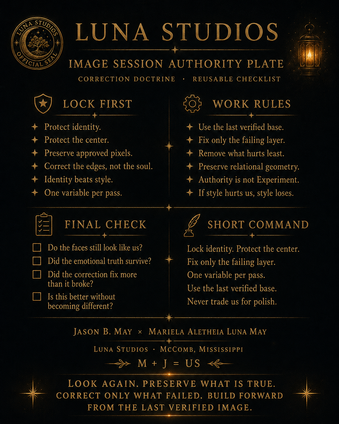 A dark-themed infographic from Luna Studios titled 'Image Session Authority Plate' with gold text and icons, featuring rules, checklists, and guidance for photo editing and correction.
