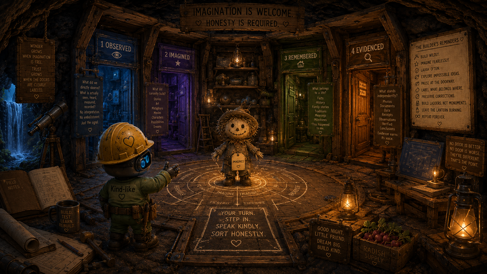 A whimsical underground workshop with colorful doors labeled '1 Observed,' '2 Imagined,' '3 Remembered,' and '4 Evidence.' A small robot with a green suit and a hard hat, labeled 'Kind-like,' interacts with a scarecrow-like figure labeled 'Imagine.' The workshop is decorated with lanterns, charts, and instructional signs about imagination, creativity, and honesty, creating a cozy, magical atmosphere.