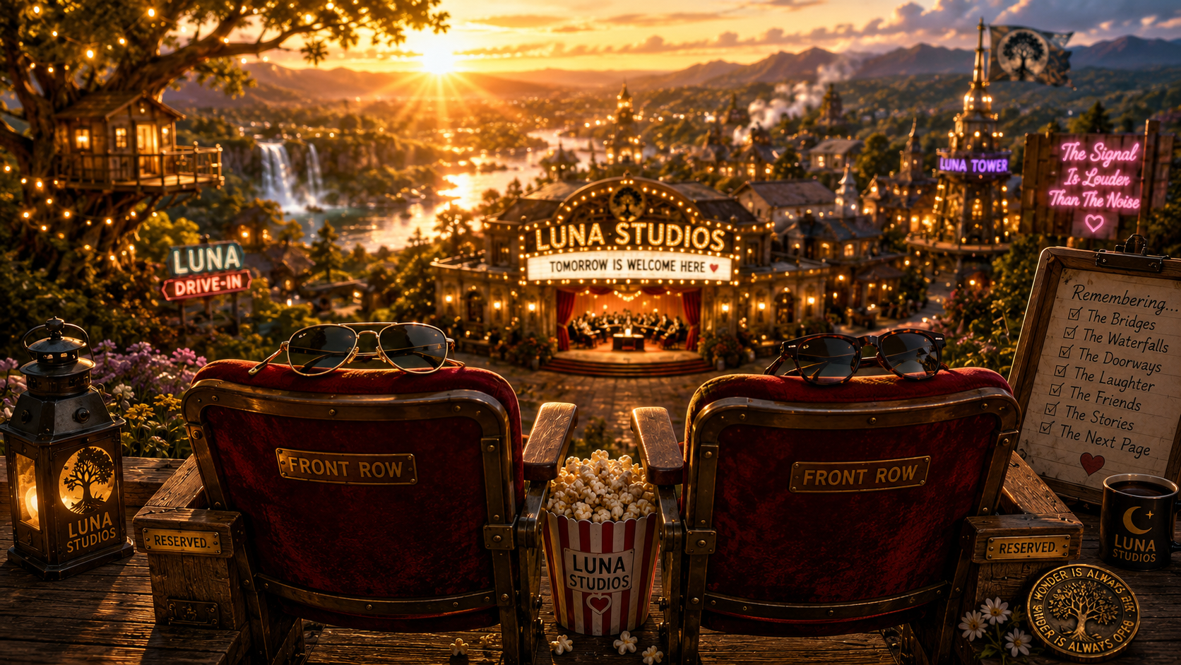 Sunset view over a theme park with the sign of Luna Studios in the center, stages, and buildings lit up. Two vintage theater seats with sunglasses, popcorn, lanterns, and a clock with a quote are in the foreground. Neon signs and a slate board with checkmarked items are also visible.
