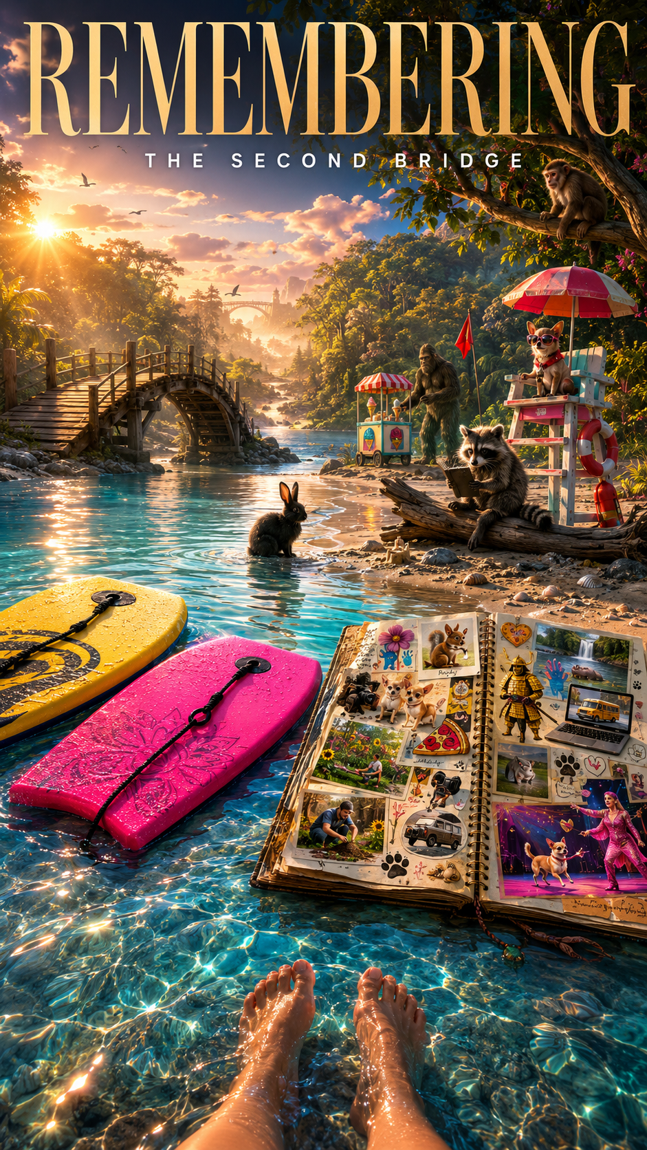 Sunset over a river with a wooden bridge, surrounded by trees and mountains. On the riverbank, a scrapbook with photos and stickers, two pink and yellow surfboards in the water, a pair of feet, a raccoon holding a tablet, a dog with sunglasses and an umbrella, a monkey with a flag, a rabbit, and a dog on a log. There are also stickers of dogs, cats, and nature on the scrapbook, and a small ice cream cart. A monkey sits on a tree branch, and birds fly in the sky.