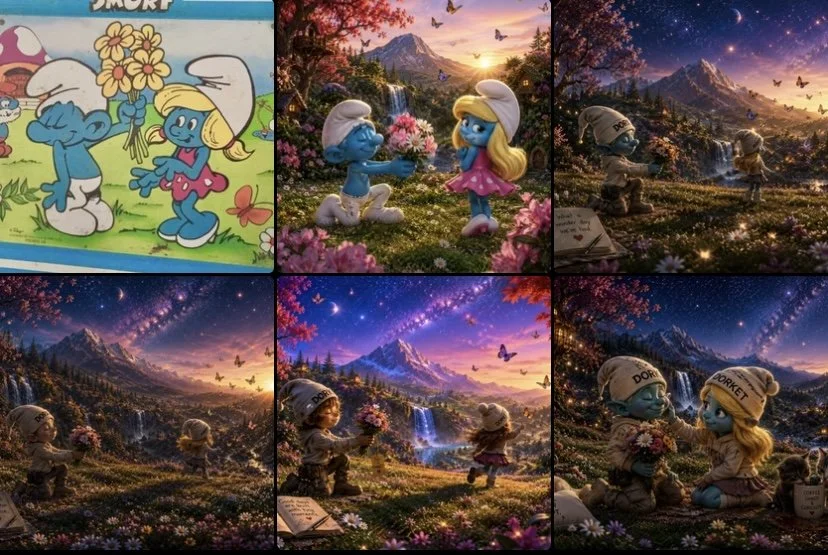 Six images featuring Smurf characters in outdoor, nature scenes with vibrant skies, mountains, waterfalls, and flowers, some with children and sunset or night settings.