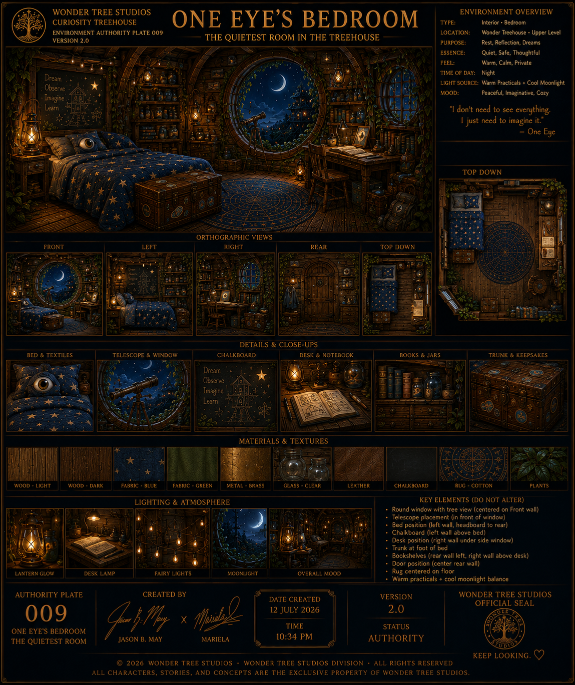 A whimsical bedroom with a celestial theme, featuring a starry bedspread, a window showing a night sky with a moon and stars, a telescope, cozy lighting, and various storage trunks and shelves filled with books and curiosities.