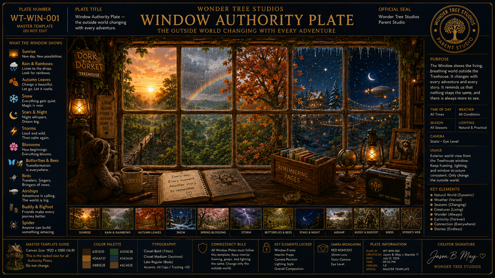 A detailed Wonder Tree Studios Window Authority Plate featuring a view from a treehouse window showing multiple outdoor scenes matching different weather, seasons, and times of day, with various decorative elements, books, globe, lamp, framed picture of a raccoon, a radio, and a journal. The left sidebar lists weather and nature scenes, and the right sidebar explains the purpose, usage, and key elements of the display.