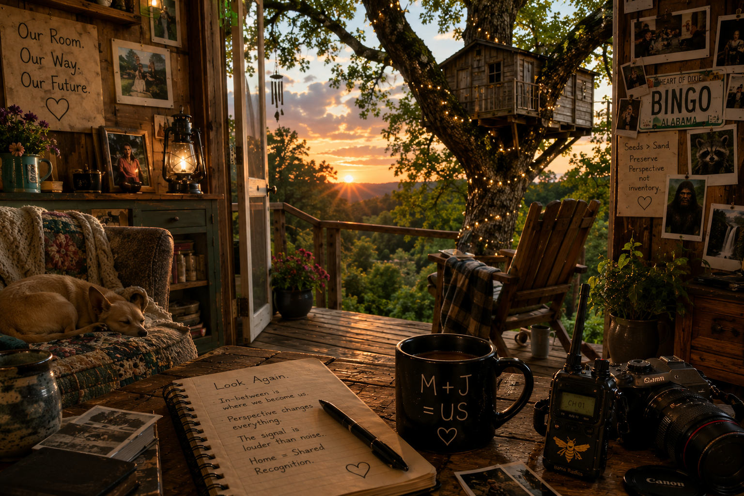 Cozy outdoor treehouse decorated with string lights, photos, and signs, with a sunset view in the background. Inside, a sleeping dog on a quilted sofa, a notebook with inspirational writing, a camera, a mug inscribed with initials, and various personal items are visible.