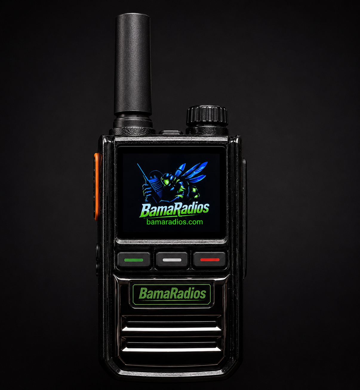 A handheld two-way radio with a black body, an antenna on top, and a digital display showing a bee graphic with the text "BamaRadios" and "bamaradios.com" on a black background.
