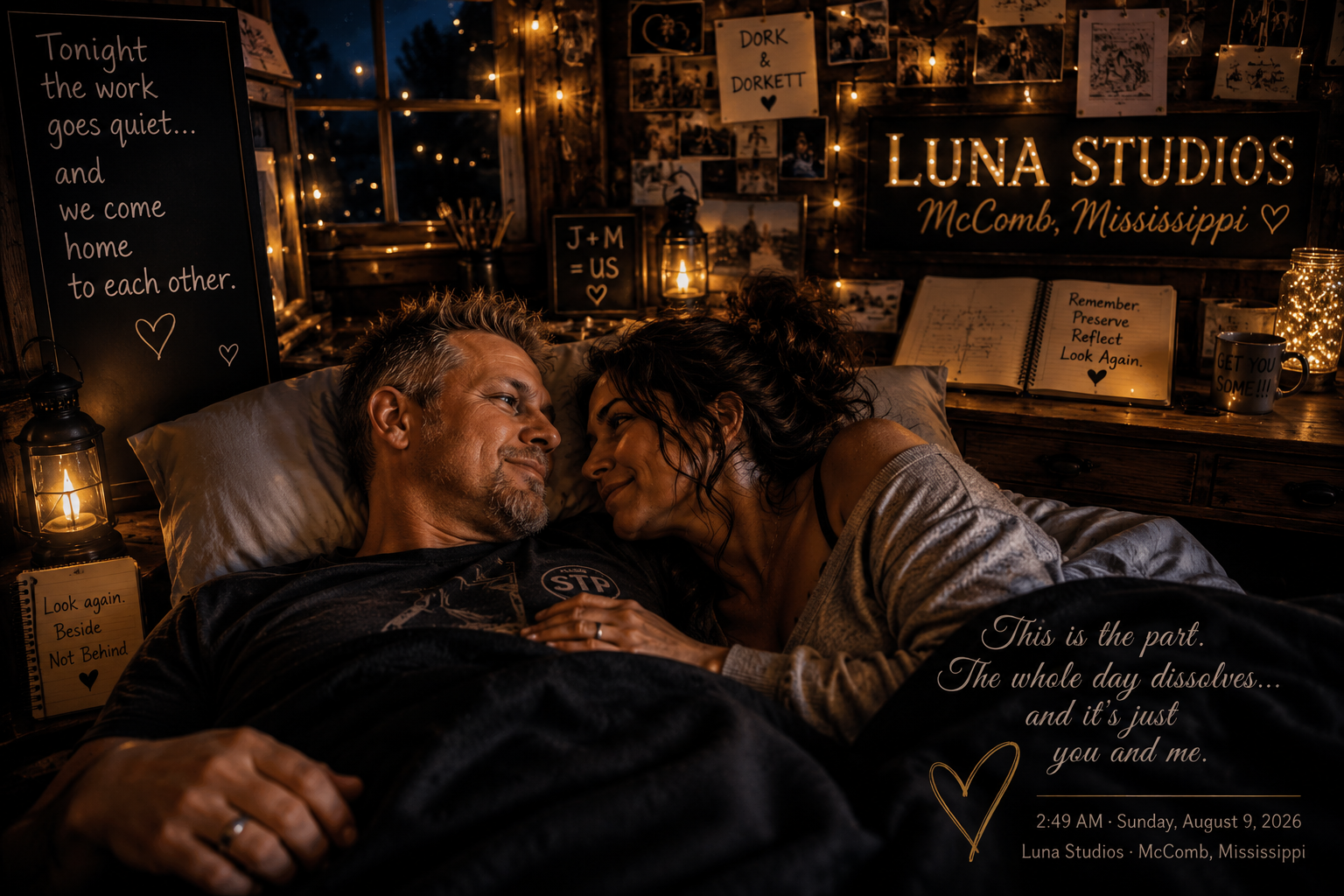 A couple lying in bed, gazing at each other lovingly in a cozy, dimly lit room decorated with string lights and personal signs, including one that reads 'Tonight the work goes quiet... and we come home to each other.'