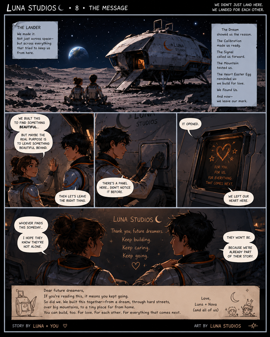 An illustration of two astronauts sitting outside their lunar lander on the moon's surface, looking at Earth in the distance. The scene is part of a comic strip discussing their journey and message of love and hope, with a panel showing a glowing message inside the lander saying 'For you, for us, for everything that comes next.' The comic includes reflective speeches, a thank you note from the lander, and a heartfelt message about building and caring for each other.