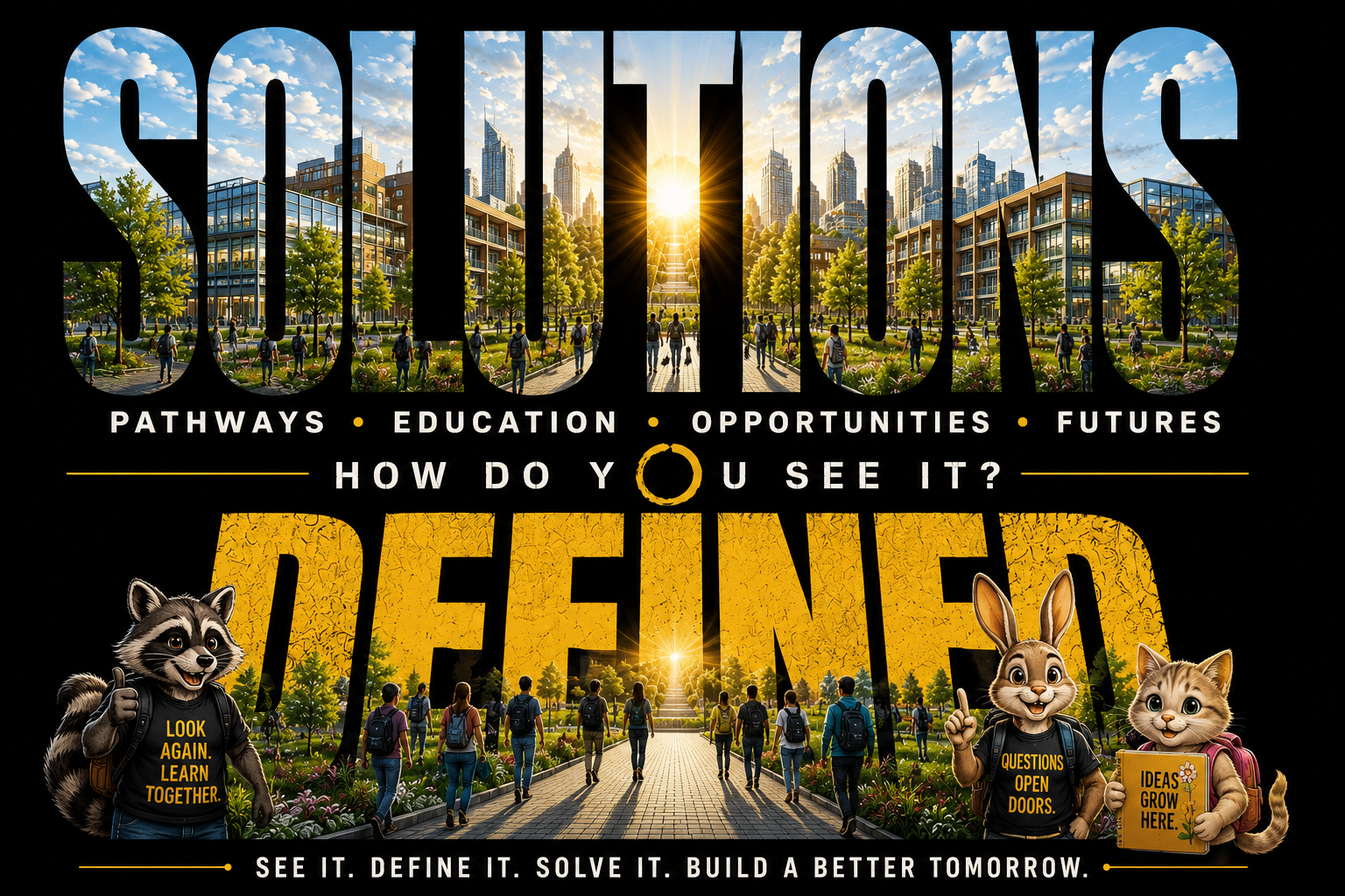 Illustration of a cityscape with people walking in a park, text overlay reading "SOLUTIONS" and "DESIGN" with slogans about education, opportunities, futures, and innovation, featuring animated animals with messages about learning and ideas.