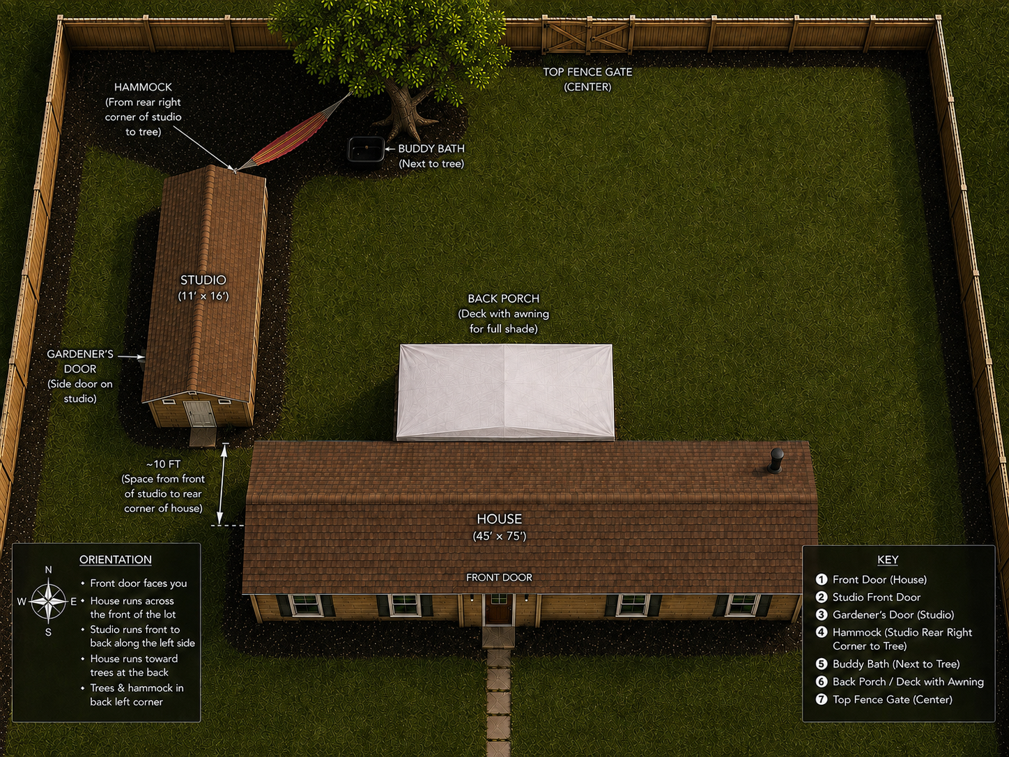 A top-down view of a backyard layout featuring a house, studio, garden door, hammocks, buddy bath, back porch with deck, and a top fence gate, all enclosed by a wooden fence.