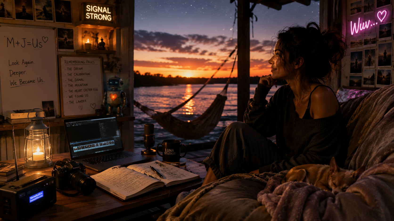 A woman relaxing inside a cozy lakeside hut during sunset, sitting on a couch with a dog, surrounded by books, a laptop, and a camera, with warm lighting and a hammock outside.
