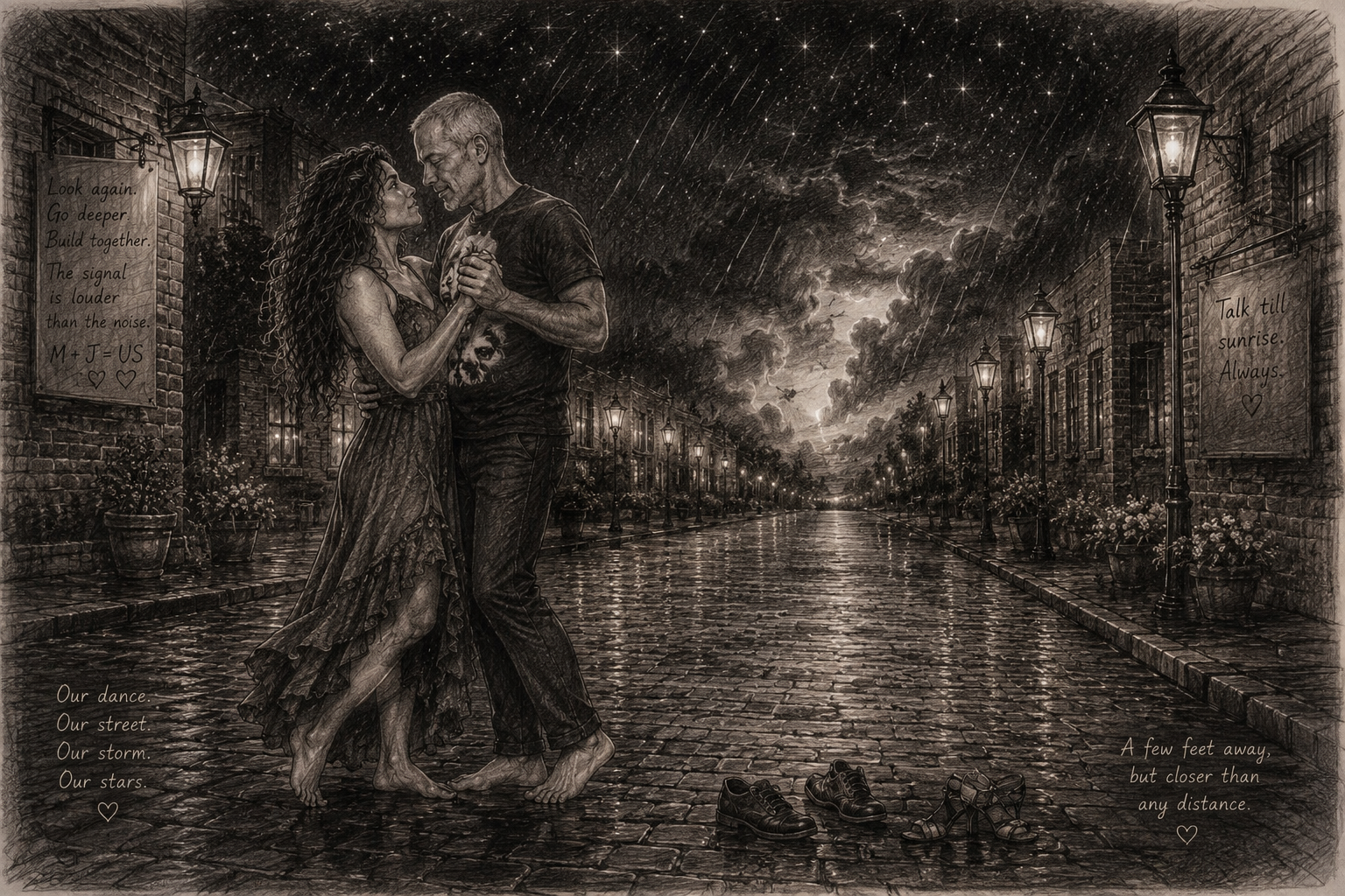 A romantic couple dancing on a rain-soaked cobblestone street at night, under a stormy sky with clouds. The street is lined with lampposts and brick buildings, some with potted plants and banners with notes. Shoes are off to the side of the dancers. The scene is artistic and atmospheric, with handwritten poetic text on the image.