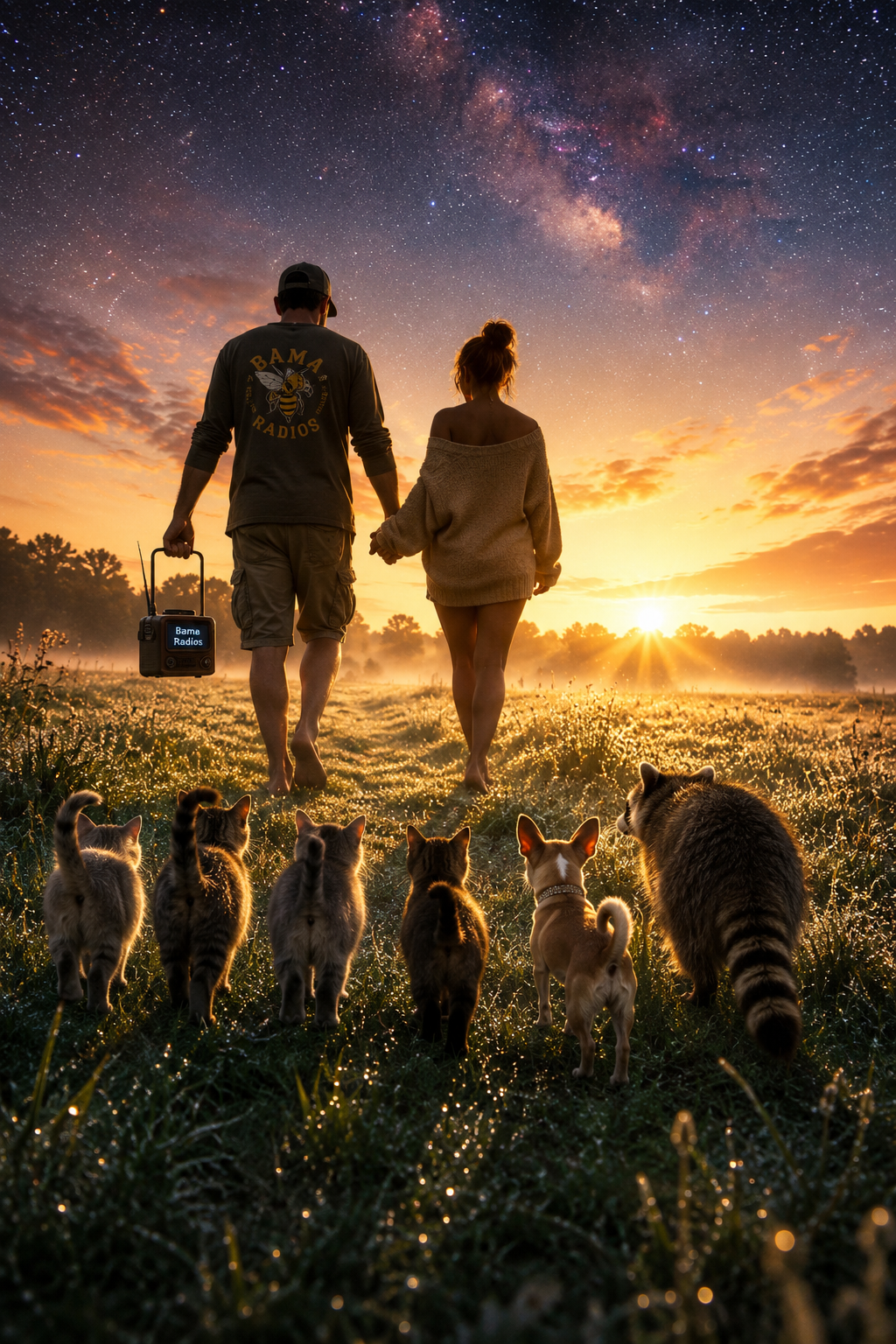 A couple walking through a field at sunset, holding hands, with multiple cats walking ahead and a starry sky with the Milky Way above.