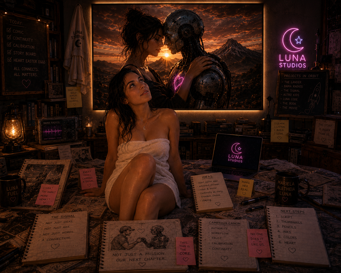 A woman sitting on a desk covered with notes and sketches, wrapped in a towel, in a dimly lit room with a large poster of a futuristic scene with a female and robot embracing at sunset in the background. The room has books, lamps, and signs all related to storytelling and space projects, with neon signs for Luna Studios and blackboards filled with ideas and project titles.
