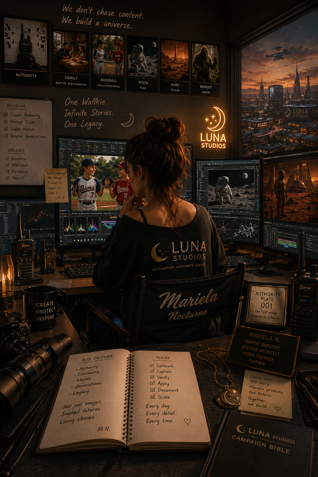 A woman working at a desk in a space-themed studio, surrounded by multiple monitors displaying space and sci-fi images, with a city skyline visible through the window and various sci-fi paraphernalia and notes on the desk.