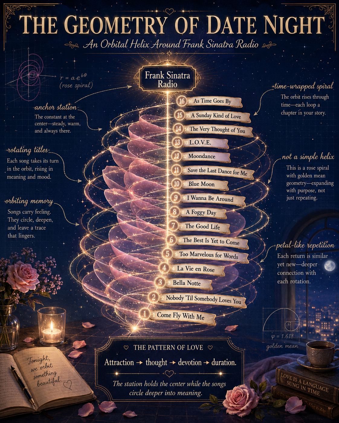 A visual representation called 'The Geometry of Date Night,' an artistic diagram of an orbital helix around Frank Sinatra Radio, illustrating a rose spiral and a petal-like pattern with song titles listed from 1 to 16. The background features a starry night sky with inspirational notes about love, music, and connection, including a candle, flowers, an open notebook, and books at the bottom.