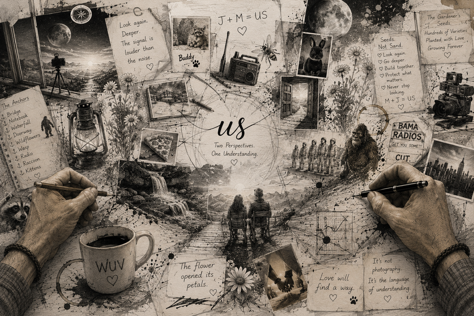 A collage of photographs, notes, and drawings on a wall, with two hands drawing on the collage, including trees, mountains, animals, and various symbolic images, all in black and white.