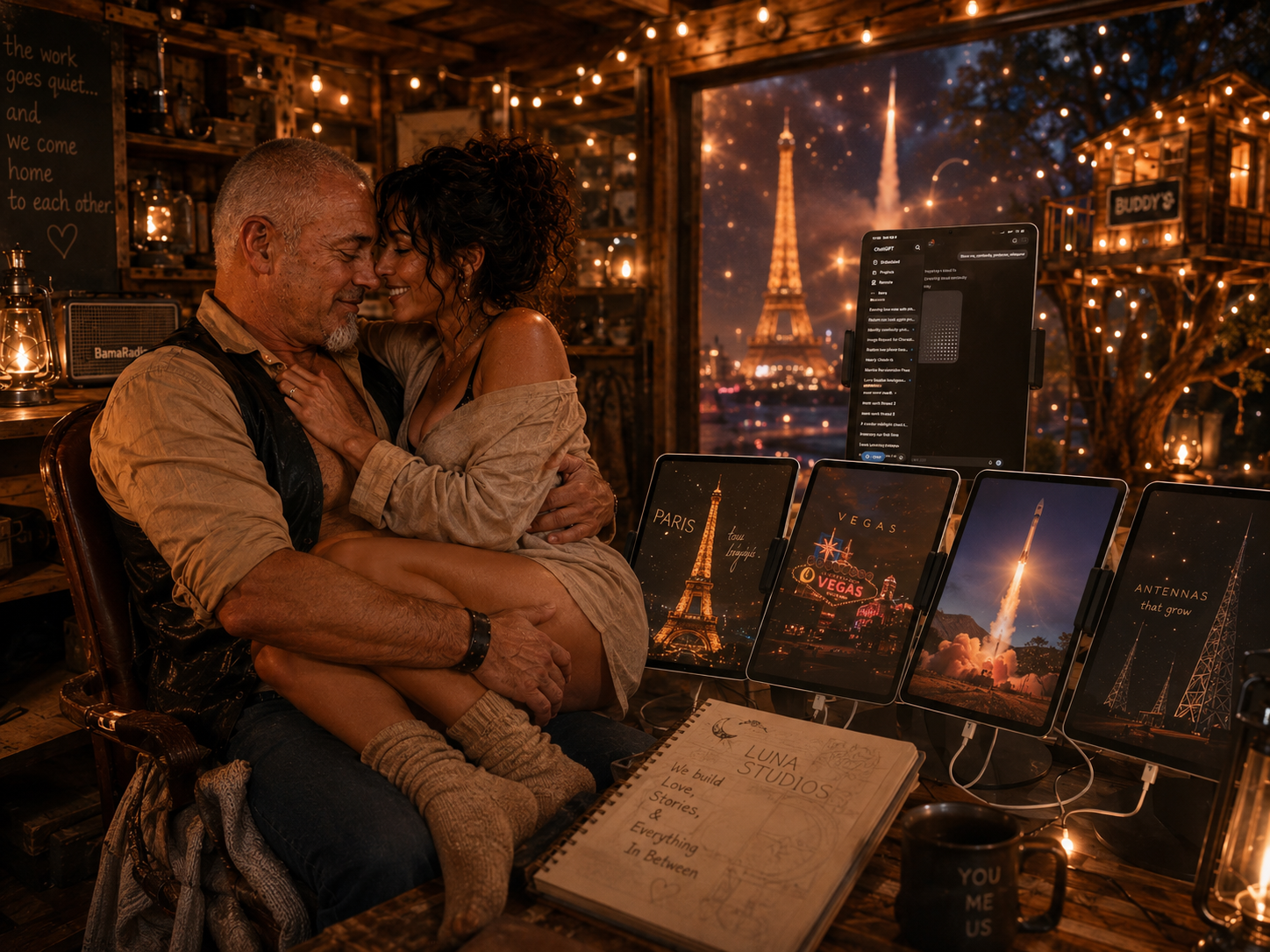 A couple sitting closely and smiling inside a cozy, warmly lit wooden room with string lights and a view of Paris' Eiffel Tower at night in the background. There are multiple monitors on a desk displaying different images of rockets and space themes, with a notebook and coffee mug in front.