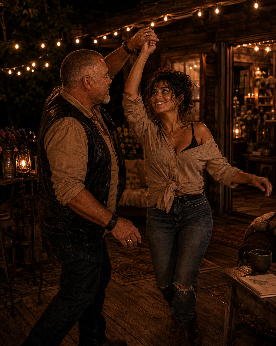 A man and woman dancing together outside at night, under string lights, in a cozy setting with wooden walls and warm lighting.