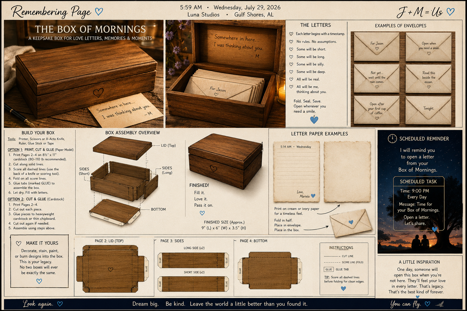 An instructional guide for creating a wooden keepsake box for love letters and memories. The guide includes images of the assembled box, step-by-step assembly instructions, example letter papers, envelope ideas, a scheduled reminder for opening the box, and inspirational quotes. The top header mentions the date and location as July 29, 2026, at Luna Studios in Gulf Shores, Alabama.