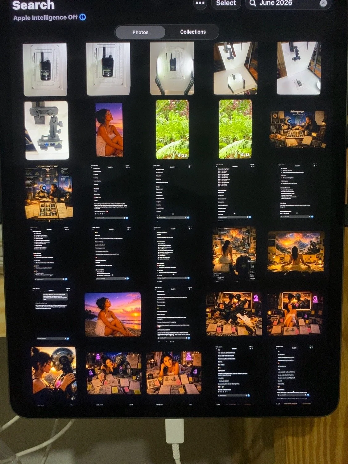A tablet screen displaying a grid of photos and screenshots, including images of a walkie-talkie, a woman at the beach, lush greenery, a woman reading at sunset, a woman sitting with books and a robot, and people working at a desk.